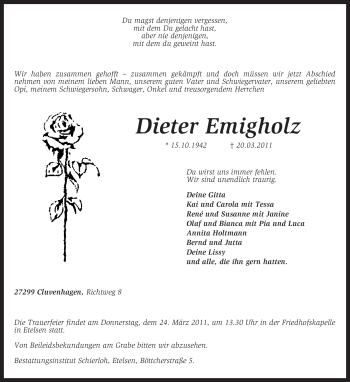 Todesanzeige von Dieter Emigholz von KREISZEITUNG SYKE