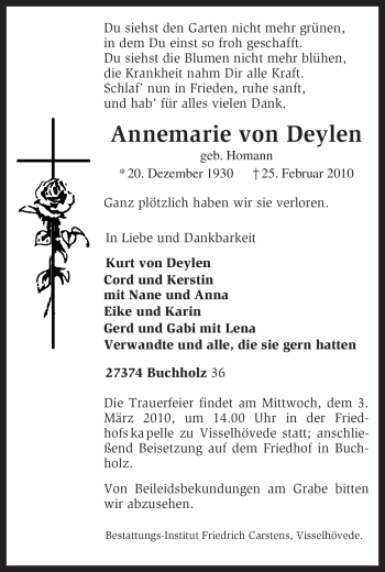 Todesanzeige von Annemarie von Deylen von KREISZEITUNG SYKE