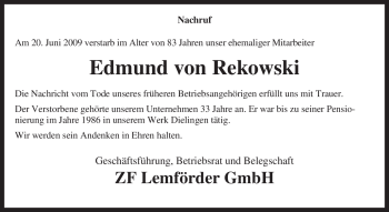 Todesanzeige von Edmund von Rekowski von KREISZEITUNG SYKE