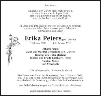Todesanzeige von Erika Peters von KREISZEITUNG SYKE