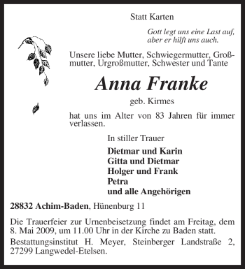Todesanzeige von Anna Franke von KREISZEITUNG SYKE