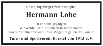 Todesanzeige von Hermann Lohe von KREISZEITUNG SYKE