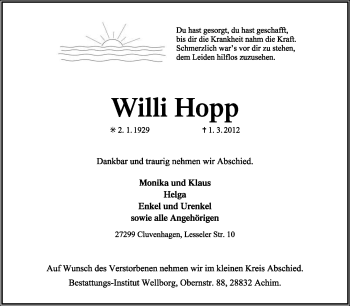 Todesanzeige von Willi Hopp von KREISZEITUNG SYKE