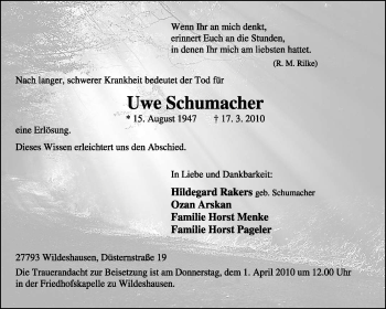 Todesanzeige von Uwe Schumacher von KREISZEITUNG SYKE