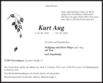 Todesanzeige von Kurt Aug von KREISZEITUNG SYKE