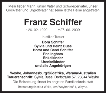 Todesanzeige von Franz Schiffer von KREISZEITUNG SYKE