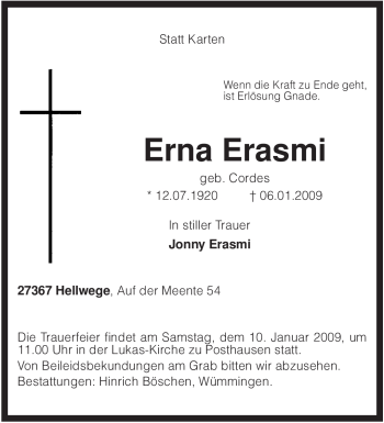 Todesanzeige von Erna Erasmi von KREISZEITUNG SYKE