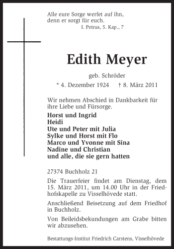 Todesanzeige von Edith Meyer von KREISZEITUNG SYKE