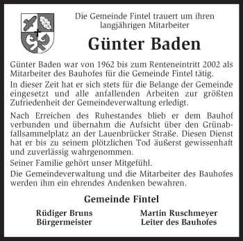Todesanzeige von Günter Baden von KRZ