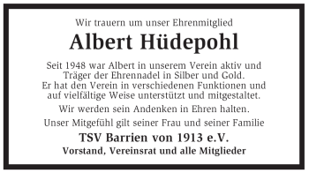 Todesanzeige von Albert Hüdepohl von KREISZEITUNG SYKE