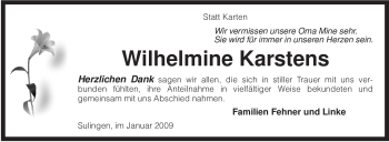 Todesanzeige von Wilhelmine Karstens von KREISZEITUNG SYKE