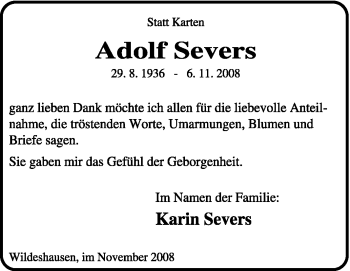 Todesanzeige von Adolf Severs von KREISZEITUNG SYKE