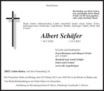 Todesanzeige von Albert Schäfer von KREISZEITUNG SYKE