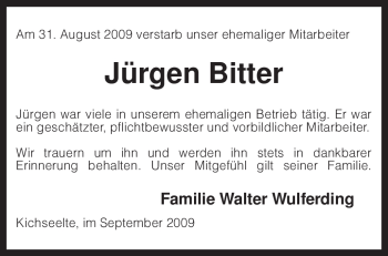 Todesanzeige von Jürgen Bitter von KREISZEITUNG SYKE