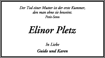 Todesanzeige von Elinor Pletz von KREISZEITUNG SYKE