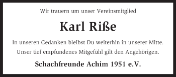 Todesanzeige von Karl Riße von KRZ