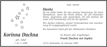 Todesanzeige von Korinna Duchna von KREISZEITUNG SYKE
