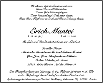 Todesanzeige von Erich Mantei von KREISZEITUNG SYKE