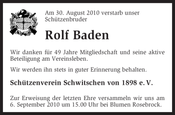 Todesanzeige von Rolf Baden von KREISZEITUNG SYKE