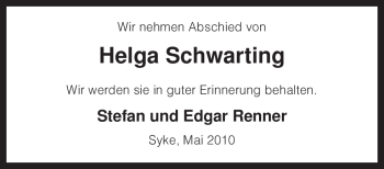 Todesanzeige von Helga Schwarting von KREISZEITUNG SYKE