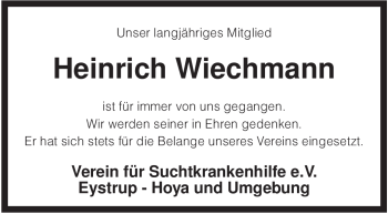 Todesanzeige von Heinrich Wiechmann von KREISZEITUNG SYKE