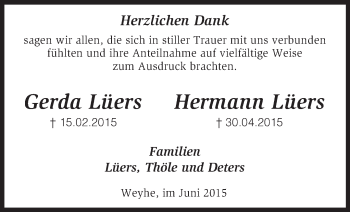 Todesanzeige von Gerda und Hermann Lüers von KRZ