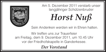 Todesanzeige von Horst Nuß von KREISZEITUNG SYKE