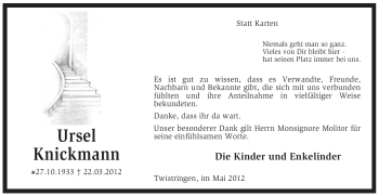 Todesanzeige von Ursel Knickmann von KREISZEITUNG SYKE