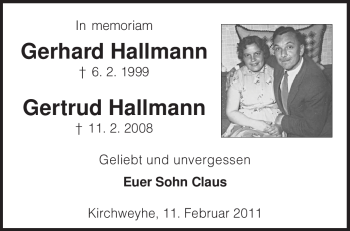 Todesanzeige von Gertrud Hallmann von KREISZEITUNG SYKE