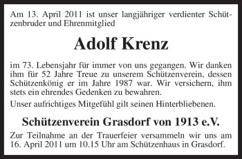 Todesanzeige von Adolf Krenz von KREISZEITUNG SYKE