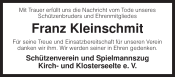 Todesanzeige von Franz Kleinschmit von KREISZEITUNG SYKE