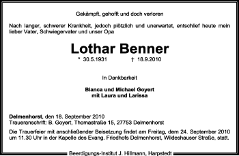 Todesanzeige von Lothar Benner von KREISZEITUNG SYKE