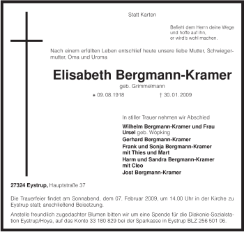 Todesanzeige von Elisabeth Bergmann-Kramer von KREISZEITUNG SYKE