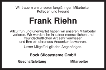 Todesanzeige von Frank Riehn von KRZ