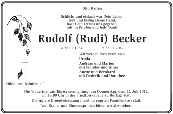 Todesanzeige von Rudolf Becker von KREISZEITUNG SYKE