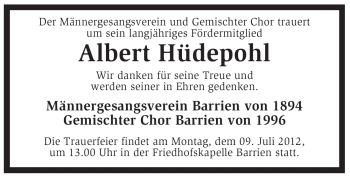 Todesanzeige von Albert Hüdepohl von KREISZEITUNG SYKE