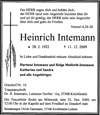 Todesanzeige von Heinrich Intemann von KREISZEITUNG SYKE