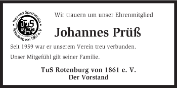 Todesanzeige von Johannes Prüß von KRZ