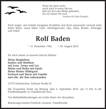 Todesanzeige von Rolf Baden von KREISZEITUNG SYKE