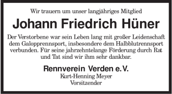 Todesanzeige von Johann Friedrich Hüner von KREISZEITUNG SYKE