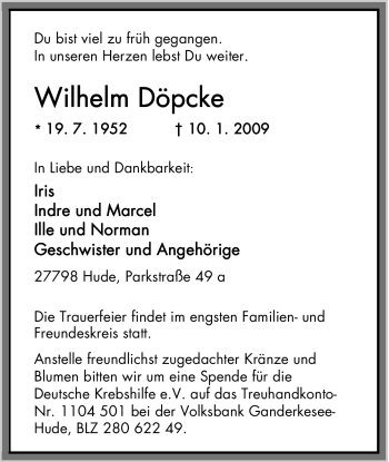 Todesanzeige von Wilhelm Döpcke 