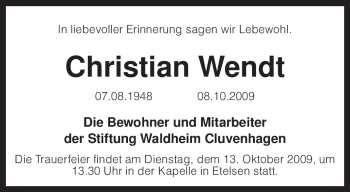 Todesanzeige von Christian Wendt von KREISZEITUNG SYKE