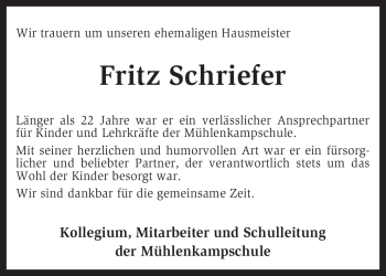 Todesanzeige von Fritz Schriefer von KREISZEITUNG SYKE
