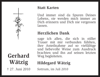 Todesanzeige von Gerhard Wätzig von KREISZEITUNG SYKE