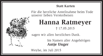 Todesanzeige von Hanna Ratmeyer von KRZ