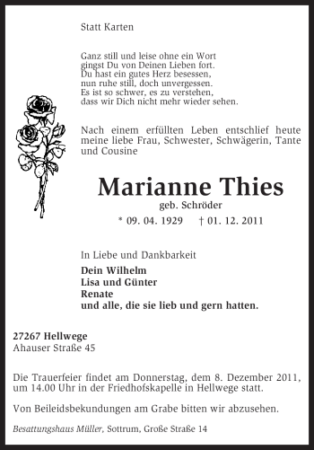 Todesanzeige von Marianne Thies von KREISZEITUNG SYKE