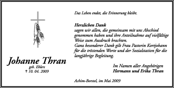 Todesanzeige von Johanne Thran von KREISZEITUNG SYKE