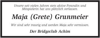 Todesanzeige von Maja Grunmeier von KREISZEITUNG SYKE