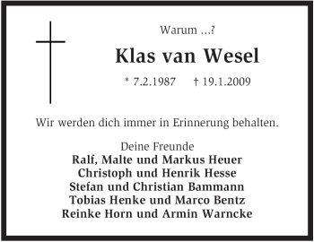Todesanzeige von Klas van Wesel von KREISZEITUNG SYKE