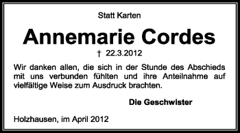 Todesanzeige von Annemarie Cordes von KREISZEITUNG SYKE
